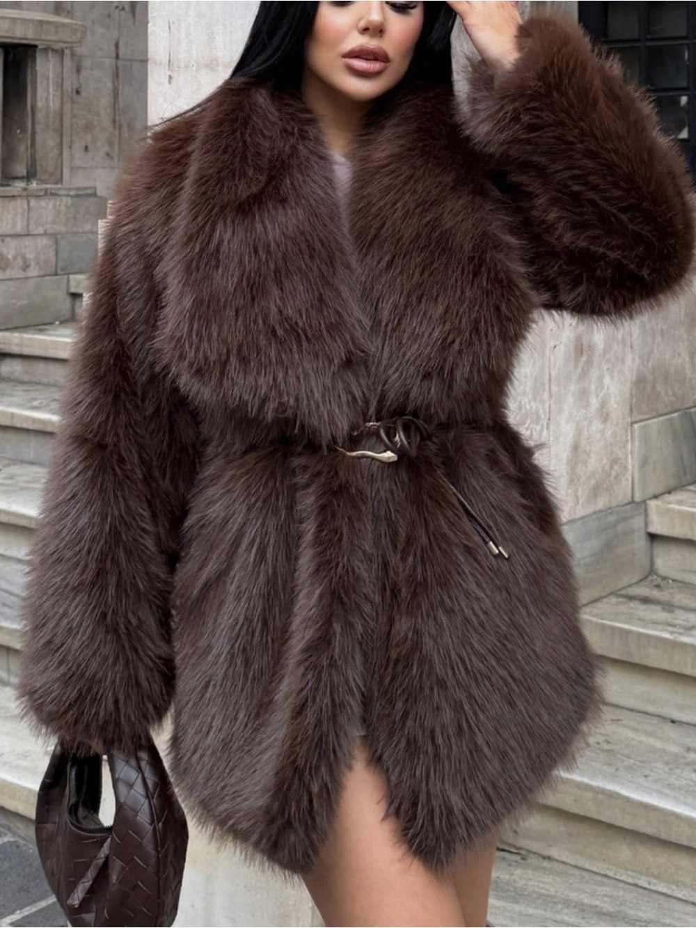 ZARA FAUX FUR BELTED COAT BROWN LAPEL REF. 6318/282/700 - Picture 3 of 4